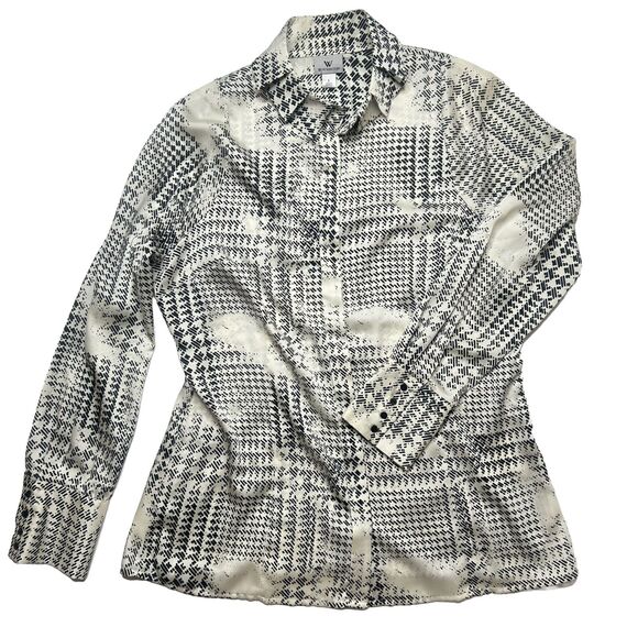 Worthington Women’s L Career button Up Pleated Collar Geometric multi Cream - Picture 1 of 12
